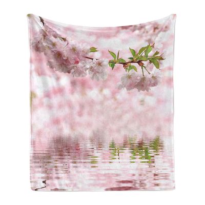Ambesonne Flower Soft Flannel Fleece Throw Blanket, Tender Pastel Pink Tones Floral Branch on Rippling Water with Reflection, Cozy Plush for Indoor and Outdoor Use, 60" x 80", Pink Fern