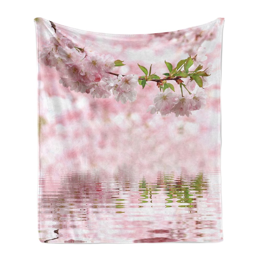Ambesonne Flower Soft Flannel Fleece Throw Blanket, Tender Pastel Pink Tones Floral Branch on Rippling Water with Reflection, Cozy Plush for Indoor and Outdoor Use, 60" x 80", Pink Fern