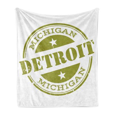 Ambesonne Detroit Throw Blanket, Aged Grunge Detroit Michigan Stamp Retro Design with Stars Tourism Travel, Flannel Fleece Accent Piece Soft Couch Cover for Adults, 50" x 60", Olive Green White