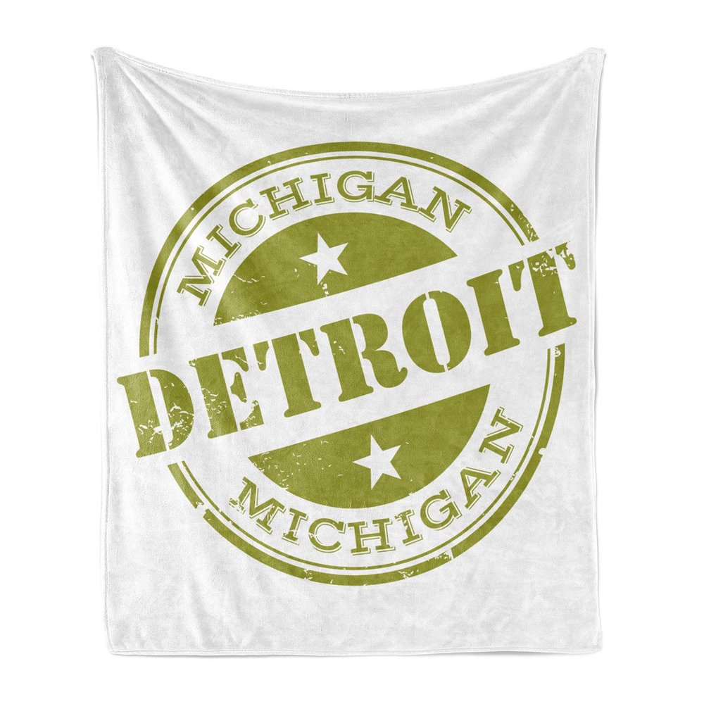 Ambesonne Detroit Throw Blanket, Aged Grunge Detroit Michigan Stamp Retro Design with Stars Tourism Travel, Flannel Fleece Accent Piece Soft Couch Cover for Adults, 50" x 60", Olive Green White