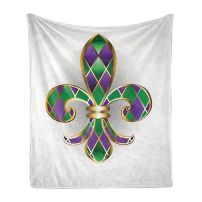Ambesonne Fleur De Lis Soft Flannel Fleece Throw Blanket, Golden Yellow Colored Lily Diamond Shapes Royalty Theme, Cozy Plush for Indoor and Outdoor Use, 60" x 80", Green Purple