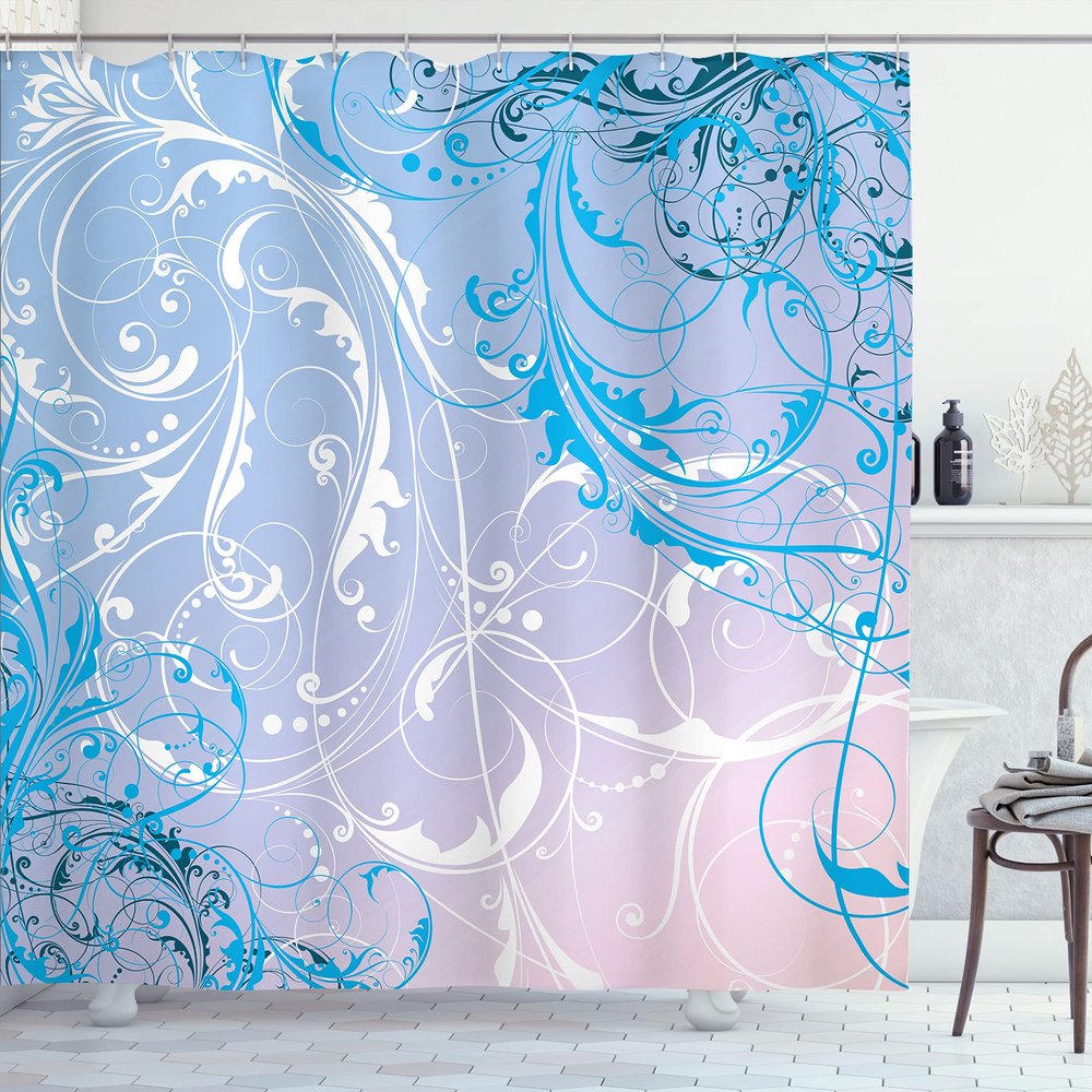 Ambesonne Floral Shower Curtain, Baroque Swirl Branches Curved Flower Leaves Shabby Form Nature Pattern, Cloth Fabric Bathroom Decor Set with Hooks, 69" W x 84" L, Dark Sky