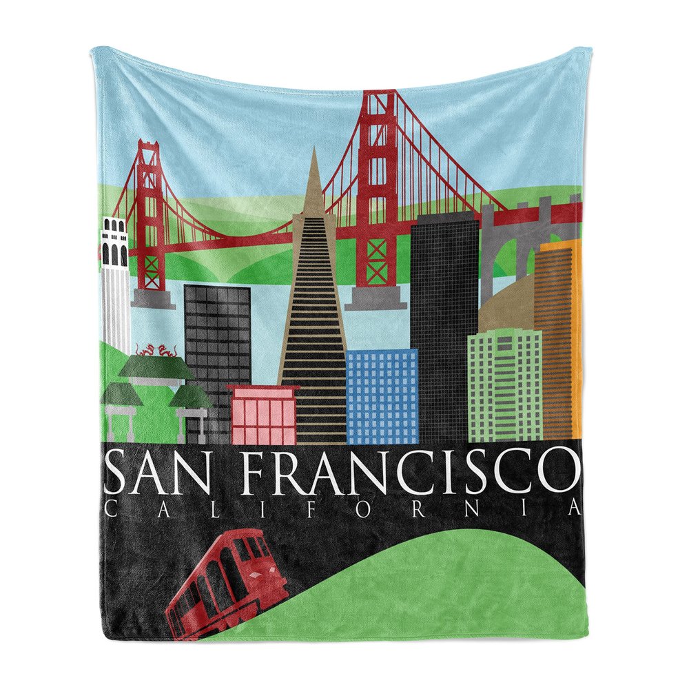Lunarable California Throw Blanket, City Landscape Postcard Illustration of City of San Francisco, Flannel Fleece Accent Piece Soft Couch Cover for Adults, 60" x 80", Blue Multicolor