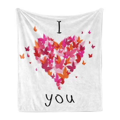 Ambesonne Love Soft Flannel Fleece Throw Blanket, Heart Filled Butterflies Soul Mate Real True Deep My Dear Illustration, Cozy Plush for Indoor and Outdoor Use, 60" x 80", Pastel Pink