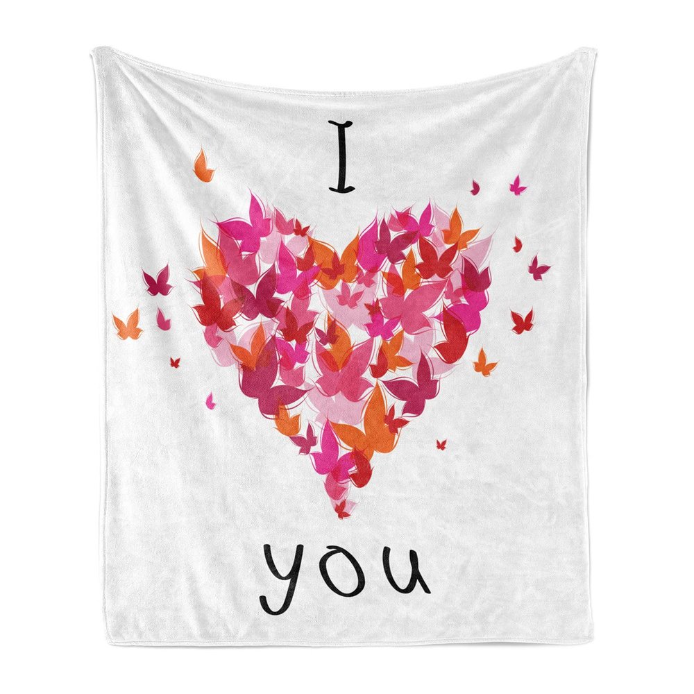 Ambesonne Love Soft Flannel Fleece Throw Blanket, Heart Filled Butterflies Soul Mate Real True Deep My Dear Illustration, Cozy Plush for Indoor and Outdoor Use, 60" x 80", Pastel Pink