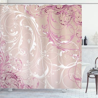 Ambesonne Floral Shower Curtain, Baroque Swirl Branches Curved Flower Leaves Shabby Form Nature Pattern, Cloth Fabric Bathroom Decor Set with Hooks, 69" W x 84" L, Eggshell Pink