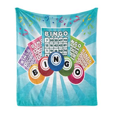 Ambesonne Bingo Soft Flannel Fleece Throw Blanket, Colorful Illustration of Bingo Cards and Balls on Blue Sun Rays Retro Style, Cozy Plush for Indoor and Outdoor Use, 60" x 80", Aqua Blue
