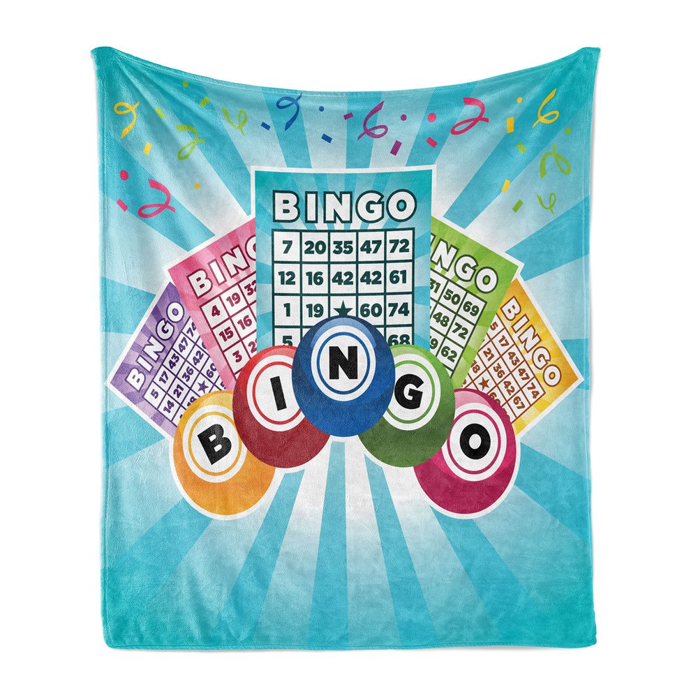 Ambesonne Bingo Soft Flannel Fleece Throw Blanket, Colorful Illustration of Bingo Cards and Balls on Blue Sun Rays Retro Style, Cozy Plush for Indoor and Outdoor Use, 60" x 80", Aqua Blue