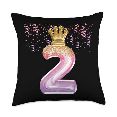 2nd Birthday Gift Girls Pink Balloons Crown Two Second Throw Pillow