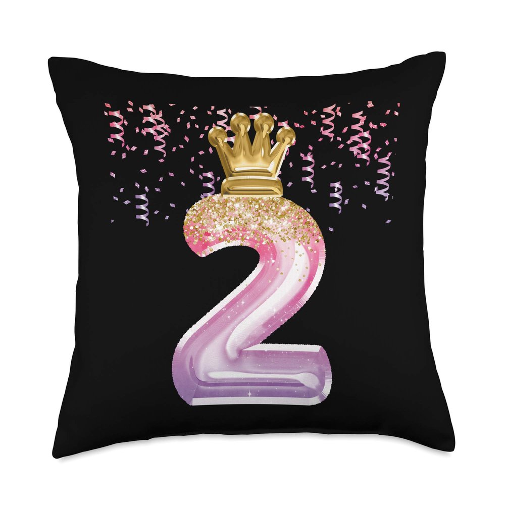 2nd Birthday Gift Girls Pink Balloons Crown Two Second Throw Pillow