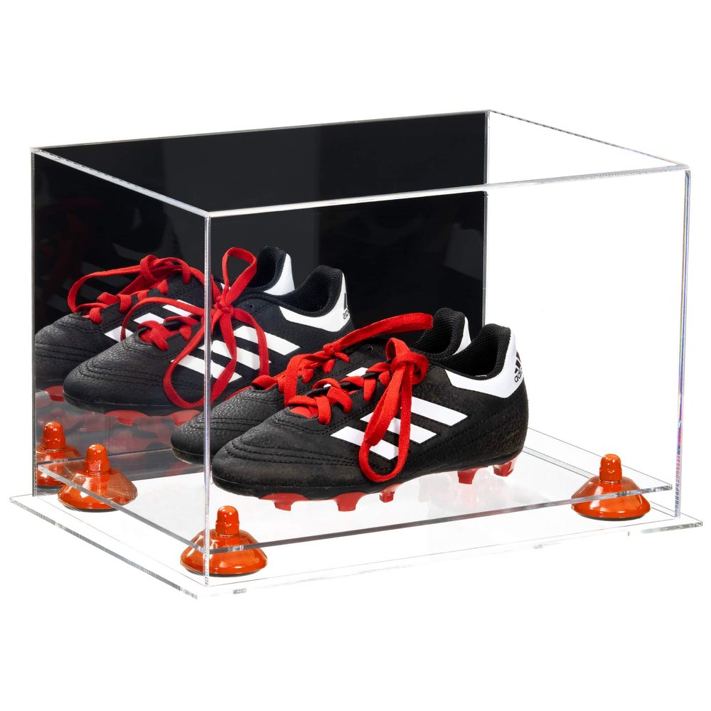 Better Display Cases Acrylic Kids Shoes Display Case - Medium Rectangle Box with Mirror Case, Orange Risers and Clear Base 12" x 8.25" x 8" (A004, V41)