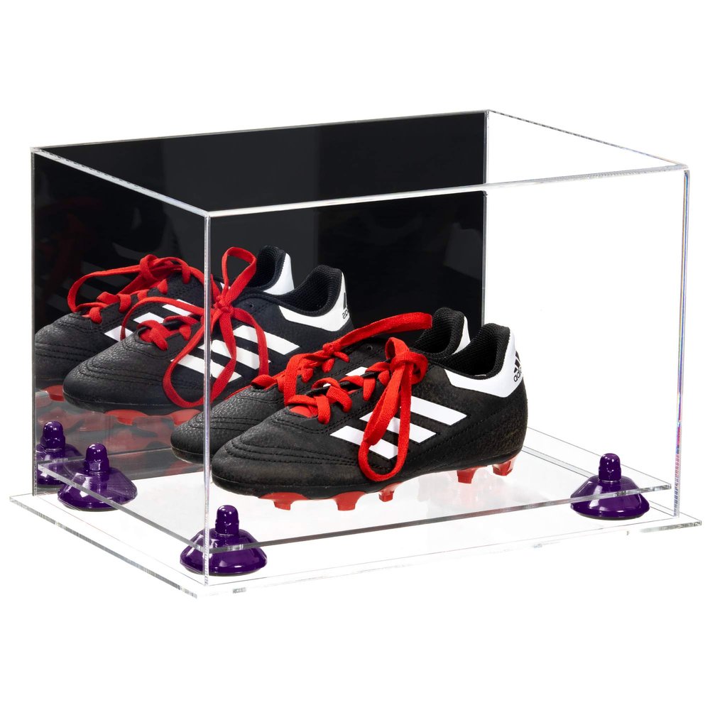Better Display Cases Acrylic Kids Shoes Display Case - Medium Rectangle Box with Mirror Case, Purple Risers and Clear Base 12" x 8.25" x 8" (A004, V41)