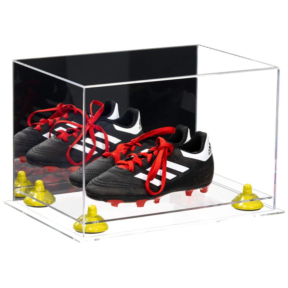 Better Display Cases Acrylic Kids Shoes Display Case - Medium Rectangle Box with Mirror Case, Yellow Risers and Clear Base 12" x 8.25" x 8" (A004, V41)