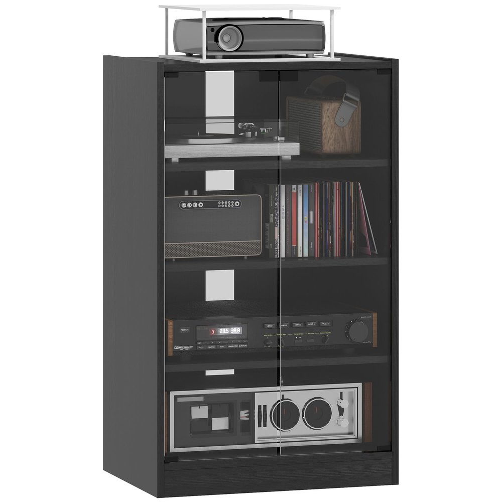 HOMCOM Media Cabinet, 4-Tier Stereo Cabinet, Record Player Stand with Vinyl Record Storage, Adjustable Shelves, Tempered Glass Doors and Cable Management, Distressed Black