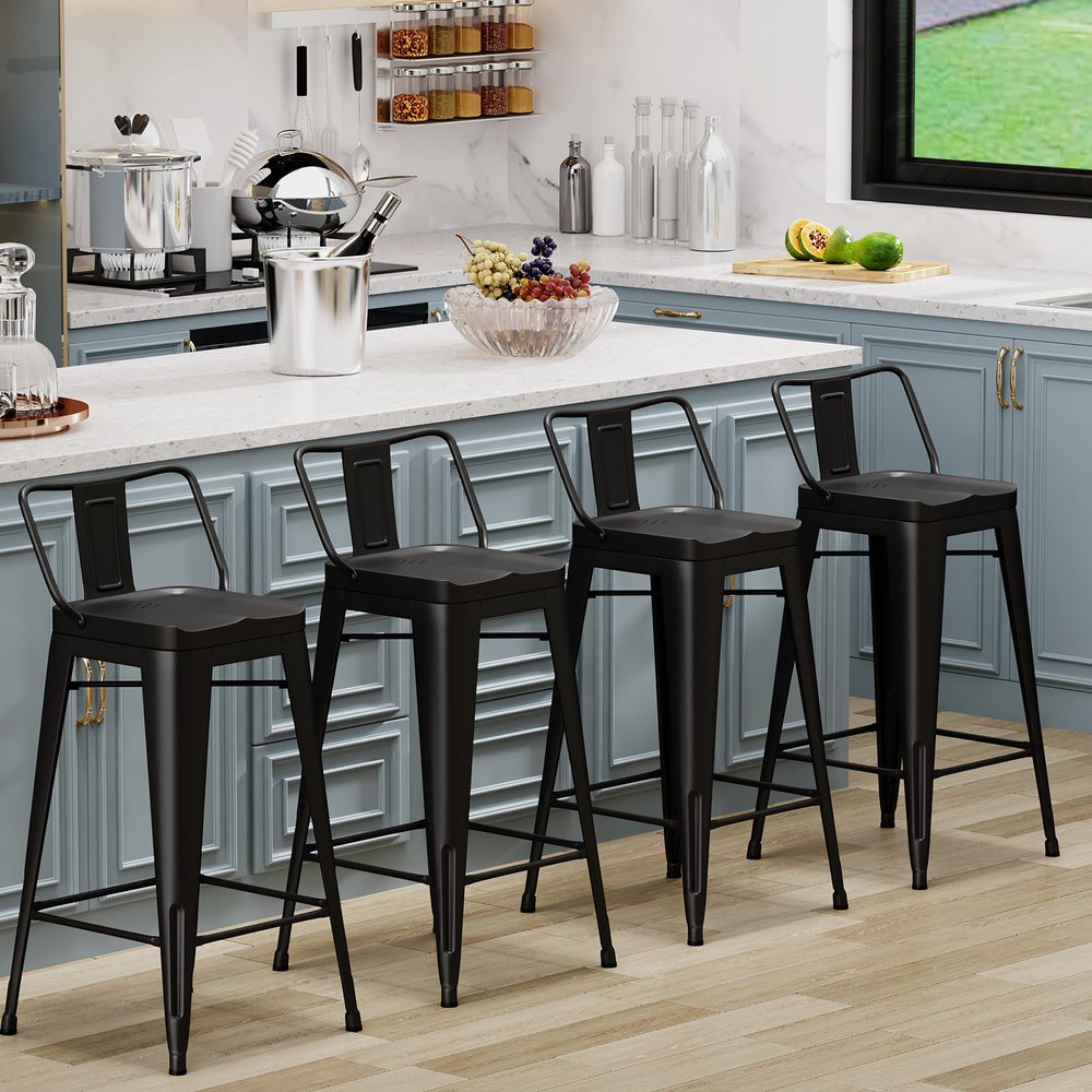 Aklaus Metal Bar Stools Set of 4 Counter Height Stools 24 Inchs Counter Stools with Backs Black Bar Stool with Backs Bar Height Stool 24" Ergonomic Seat, Matte Black