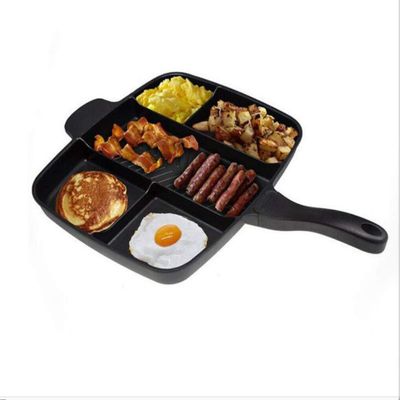 5 in 1 Multi Section Divided Non Stick Frying Pan, Grill,All in One Pan, Perfect for Big Meals and Fry Ups by Breakfast Skillet,Multifunctional Black Square Baking Pan