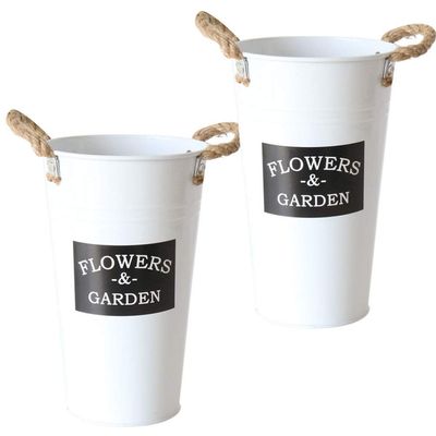 Cabilock 2pcs Mini Tin Flower Vase Rope Handle White and Black Disposable Cup Design for Floral Arrangements Home Decor and Desktop Decoration