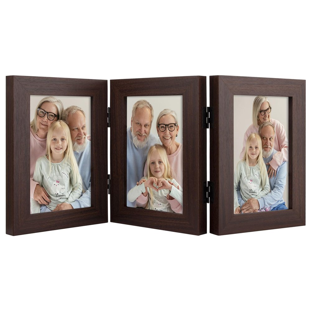 Frametory, 4x6 Triple Picture Frames 3 Photo Frames Collage - Real Glass - Engineered Wood Triple Folding Frame - Tabletop Vertical Display (Walnut, 1 Pack)