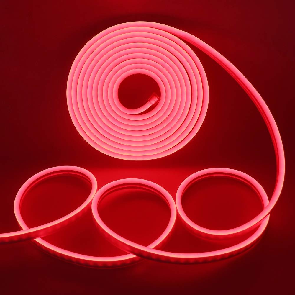 XUNATA LED Neon Light, Dimmable AC 110-120V Flexible LED Neon Strip Lights, 120 LEDs/M, 82ft/25m Waterproof 2835 SMD LED Rope Light + Remote Controller for Party Decoration(Red)