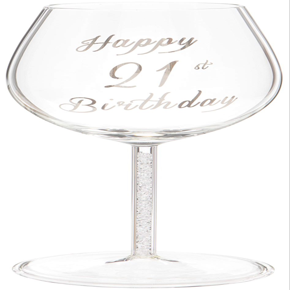 Maturi Happy 21st Birthday Wine Glass with Silver Diamond Stem - 400ml / 13.5 Fluid Ounces