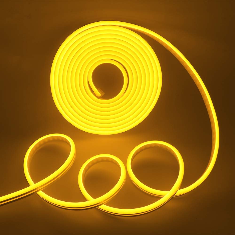XUNATA LED Neon Light, Dimmable AC 110-120V Flexible LED Neon Strip Lights, 120 LEDs/M, 99ft/30m Waterproof 2835 SMD LED Rope Light + Remote Controller for Party Decoration(Yellow)