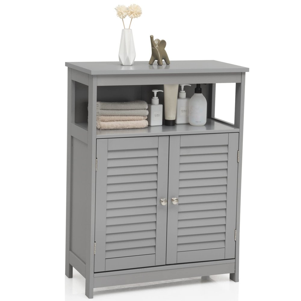 GLACER Bathroom Floor Cabinet, Wooden Storage Cabinet with Double Shutter Doors & 3-Position Adjustable Shelf, Side Storage Organizer Cabinet, 23.5 x 12 x 31.5 inches (Grey)