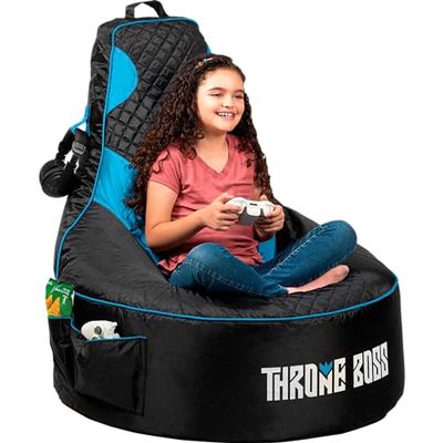 Throne Boss Gaming Bean Bag Chair Cover for Kids with High Back, Blue  Floor Gaming Chair Cover, Easy to Clean Fabric, Large Side Pockets, Headphone Hanger, Requires 200 Liters Polystyrene Beans