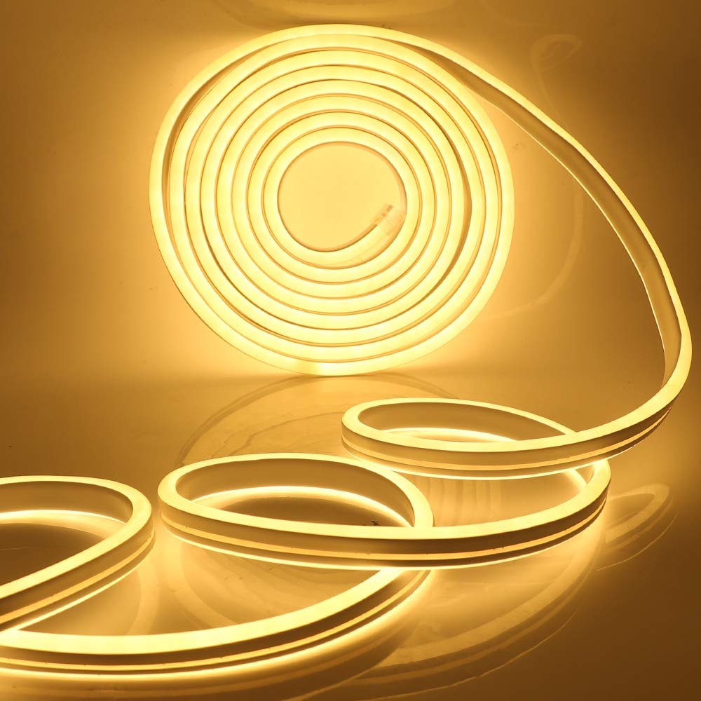 XUNATA LED Neon Light, Dimmable AC 110-120V Flexible LED Neon Strip Lights, 3500K Warm White 120 LEDs/M, 59ft/18m Waterproof 2835 SMD LED Rope Light + Remote Controller for Party Decoration