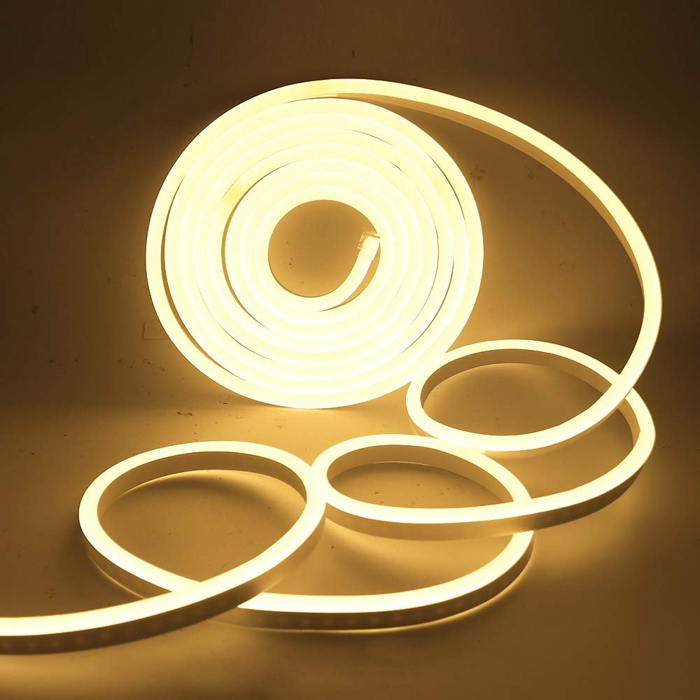 XUNATA LED Neon Light, Dimmable AC 110-120V Flexible LED Neon Strip Lights, 3500K Warm White 120 LEDs/M, 53ft/16m Waterproof 2835 SMD LED Rope Light + Remote Controller for Party Decoration