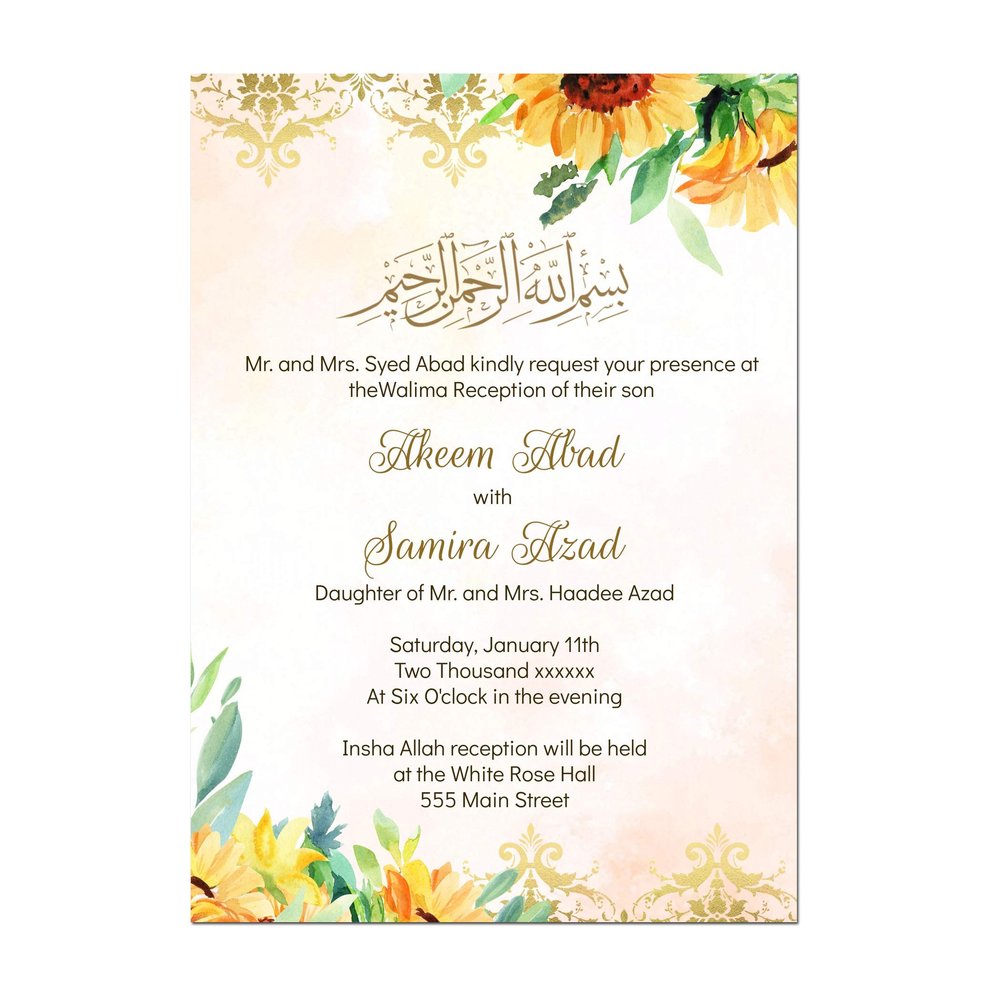 100 Walima Invitations Floral Sunflower Watercolor Wedding Invitations Personalized Any Text