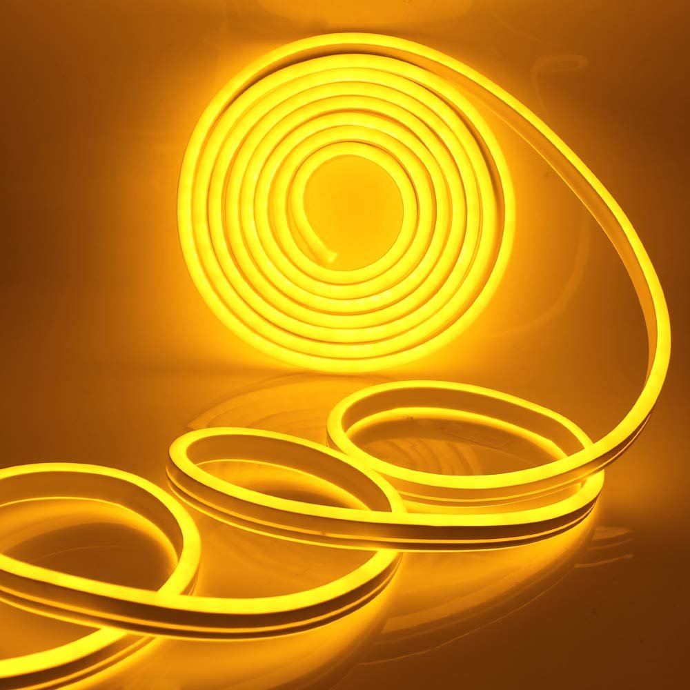 XUNATA LED Neon Light, Dimmable AC 110-120V Flexible LED Neon Strip Lights, 120 LEDs/M, 63ft/19m Waterproof 2835 SMD LED Rope Light + Remote Controller for Party Decoration(Yellow)