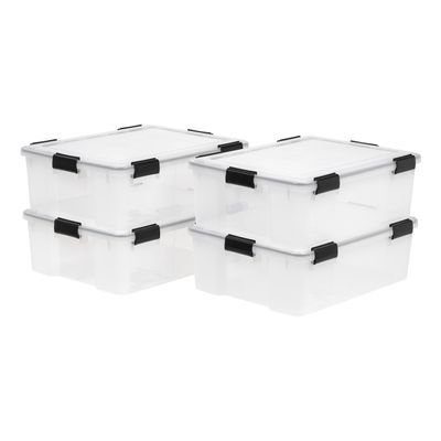 IRIS USA 41 Quart WEATHERPRO Plastic Storage Box with Durable Lid and Seal and Secure Latching Buckles, 4 Pack, Weathertight, Keep Pest Dust and Moisture Out, for Oversized Bulky Items, Clear/Black