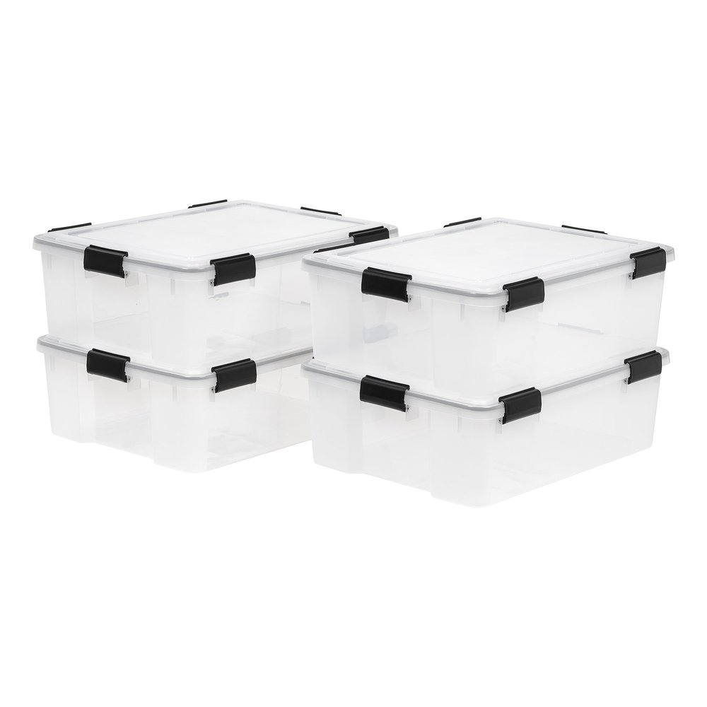 IRIS USA 41 Quart WEATHERPRO Plastic Storage Box with Durable Lid and Seal and Secure Latching Buckles, 4 Pack, Weathertight, Keep Pest Dust and Moisture Out, for Oversized Bulky Items, Clear/Black