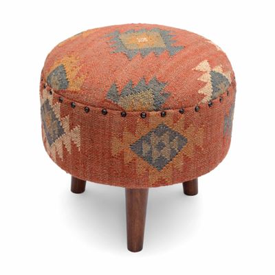 NATURAL FURNISH Handmade Kilim Jute Pouf Ottomans Wooden Seating Stool for Living Room, Bedroom (16" D x 16" W x 16" H) (Red)