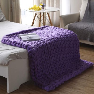 Chunky Knit Blanket Purple, Synthetic Wool Luxury Throw Knitted Blanket for Cuddling Up in Bed, Cozy Handmade Bulky Bed Sofa Chair Mat for Home Decor-32x32in