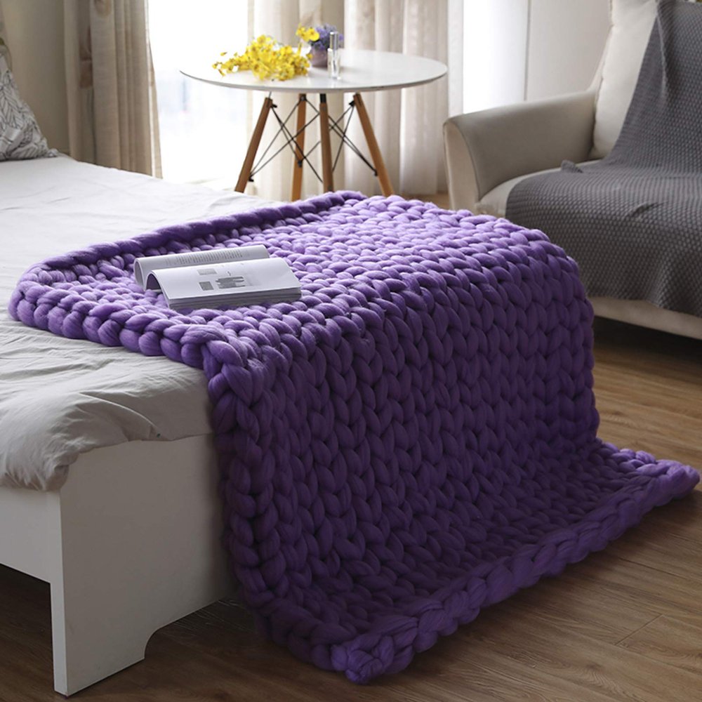 Chunky Knit Blanket Purple, Synthetic Wool Luxury Throw Knitted Blanket for Cuddling Up in Bed, Cozy Handmade Bulky Bed Sofa Chair Mat for Home Decor-32x32in
