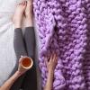 Chunky Knit Blanket Purple, Synthetic Wool Luxury Throw Knitted Blanket for Cuddling Up in Bed, Cozy Handmade Bulky Bed Sofa Chair Mat for Home Decor-32x32in view 3