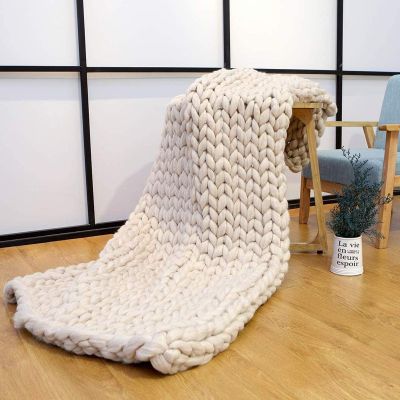 Chunky Knit Blanket Beige, Synthetic Wool Luxury Throw Knitted Blanket for Cuddling Up in Bed, Cozy Handmade Bulky Bed Sofa Chair Mat for Home Decor-80x80in