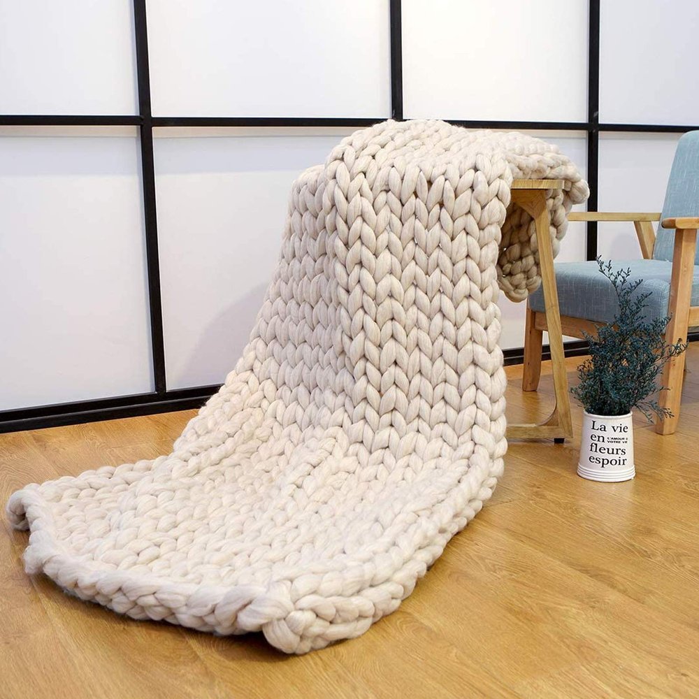Chunky Knit Blanket Beige, Synthetic Wool Luxury Throw Knitted Blanket for Cuddling Up in Bed, Cozy Handmade Bulky Bed Sofa Chair Mat for Home Decor-80x80in