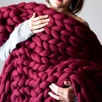 Knitted Blanket Throw Chunky Wine red, Chunky Knit Throw Blankets for Bed by Soft Knitting 6CM Wide Knitted Throw for Bed Sofa Home Decor Super Large Mat Rug-32x40in