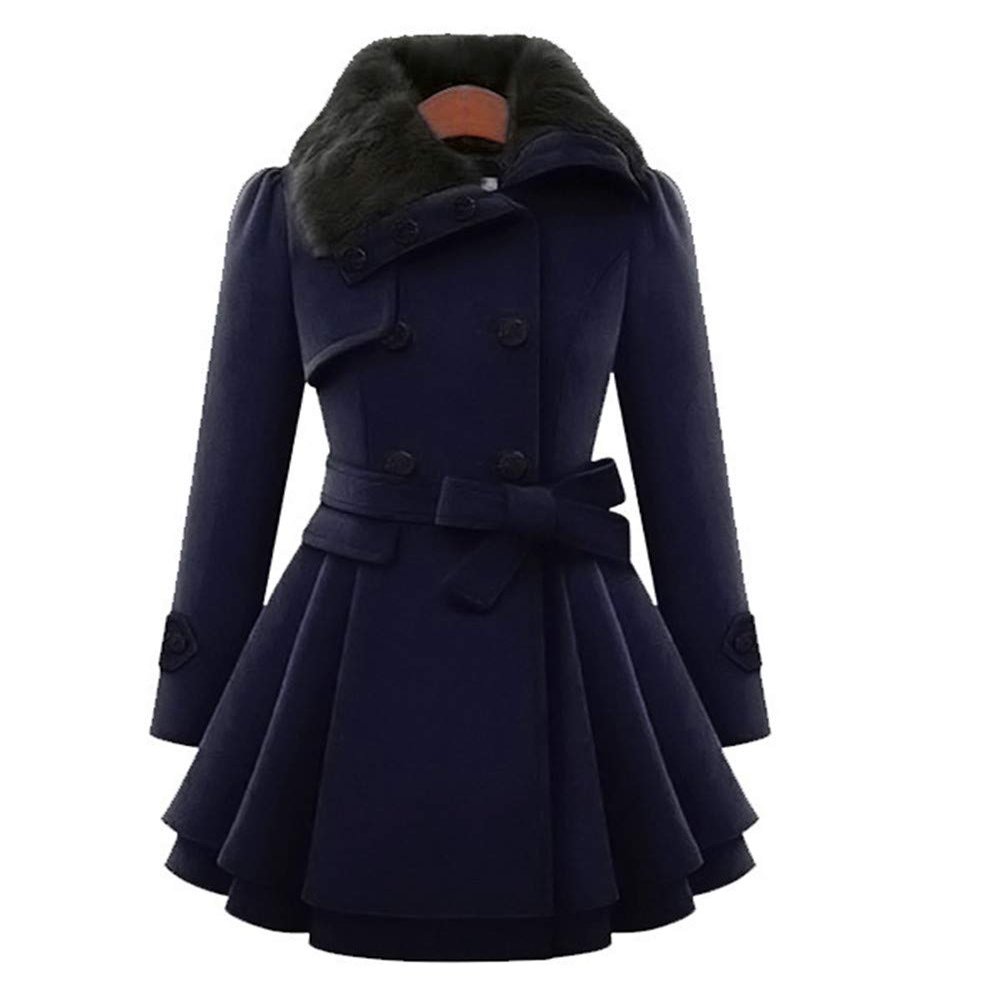 Andongnywell Women's Faux Fur Lapel Double Breasted Thick Wool Trench Coat Jacket mid Long Tweed Overcoats (Navy Blue,Large)
