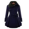 Andongnywell Women's Faux Fur Lapel Double Breasted Thick Wool Trench Coat Jacket mid Long Tweed Overcoats (Navy Blue,Large) view 2