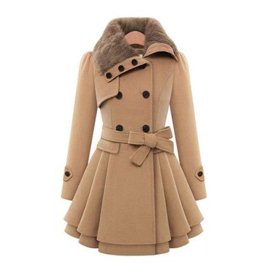 Andongnywell Women's Fashion Faux Fur Lapel Double-Breasted Thick Wool Trench Coat Jacket Double Breasted Woolen Coats (Camel,5X-Large)