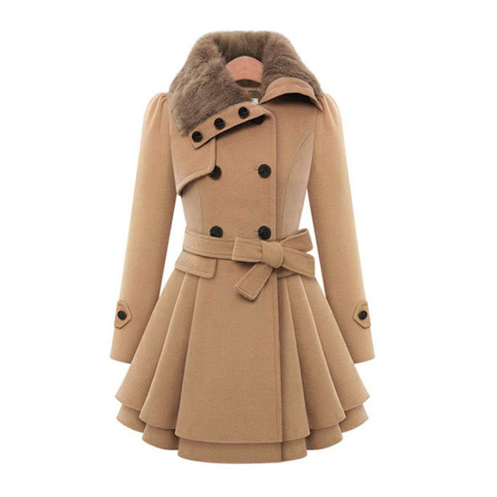 Andongnywell Women's Fashion Faux Fur Lapel Double-Breasted Thick Wool Trench Coat Jacket Double Breasted Woolen Coats (Camel,5X-Large)