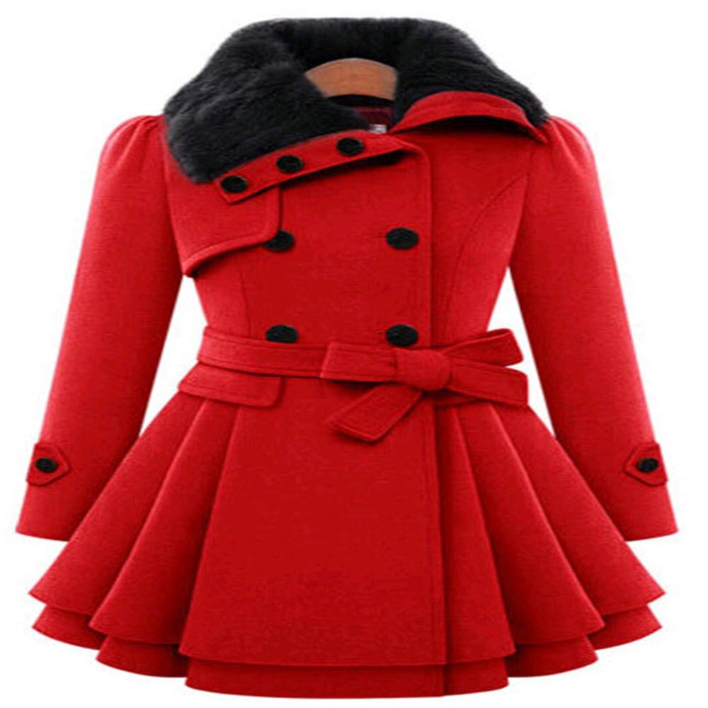 Andongnywell Women's Fashion Faux Fur Lapel Double-Breasted Thick Wool Trench Coat Jacket mid Long Tweed Overcoats (Red,Medium)