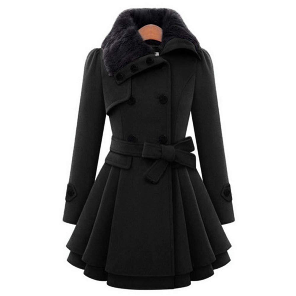 Andongnywell Women's Faux Fur Lapel Double Breasted Thick Wool Trench Coat Jacket mid Long Tweed Overcoats (Black,Small)