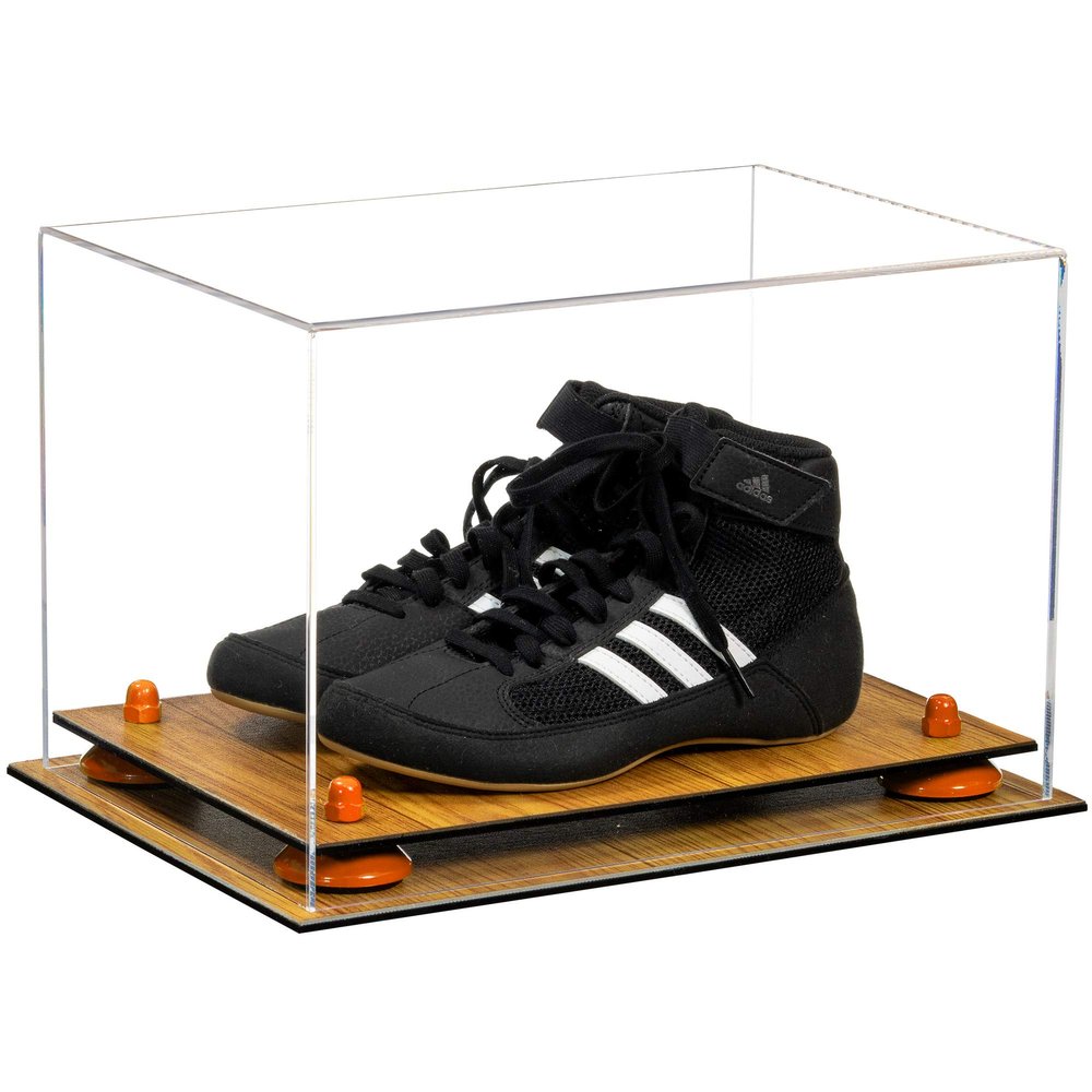 Better Display Cases Acrylic Kids Shoes Display Case - Medium Rectangle Box with Clear Case, Orange Risers and Wood Base 12" x 8.25" x 8" (A004, V41)