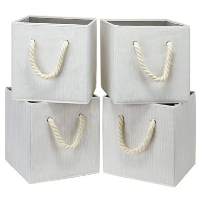 i BKGOO Foldable Storage Cube Bins Beige-White Bamboo Fabric Collapsible Resistant Basket Box Organizer with Cotton Rope Handle for Home Office and Nursery 10.5x10.5x11 inch