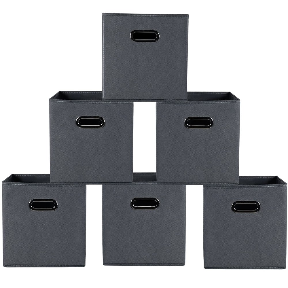 Yunkeeeper storage bins Cubes, Fabric Cube Organizer with Handle, Foldable Cube Bins for Cloth or Accessary Storage, 11x11x11, Set of 6, (Gray)
