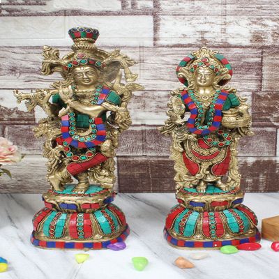 Artvarko Brass Radha Krishna Murti Multicolor Stone Work for Gift Idol for Mandir Temple Height 13 Inches